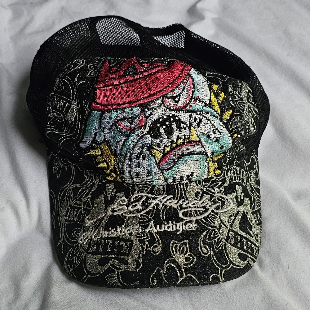 Ed Hardy Christian Audiger Authentic Y2K Bulldog Trucker Hat Bling Rhinestone
